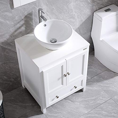 Wonline 24” White Bathroom Vanity Wood Cabinet Round Sink Combo Top Ceramic Vessel Sink Chrome Faucet Drain With Mirror Vanities Set #TOP5