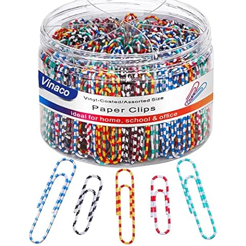 Vinaco Coloured Paper Clips Assored Size 400 Pack, Paper Clips Medium 33mm & Large Paper Clips 50mm, Durable & Rustproof Paper Clip, Vinyl Coated Paperclips for Office School Home (Striped) Cover