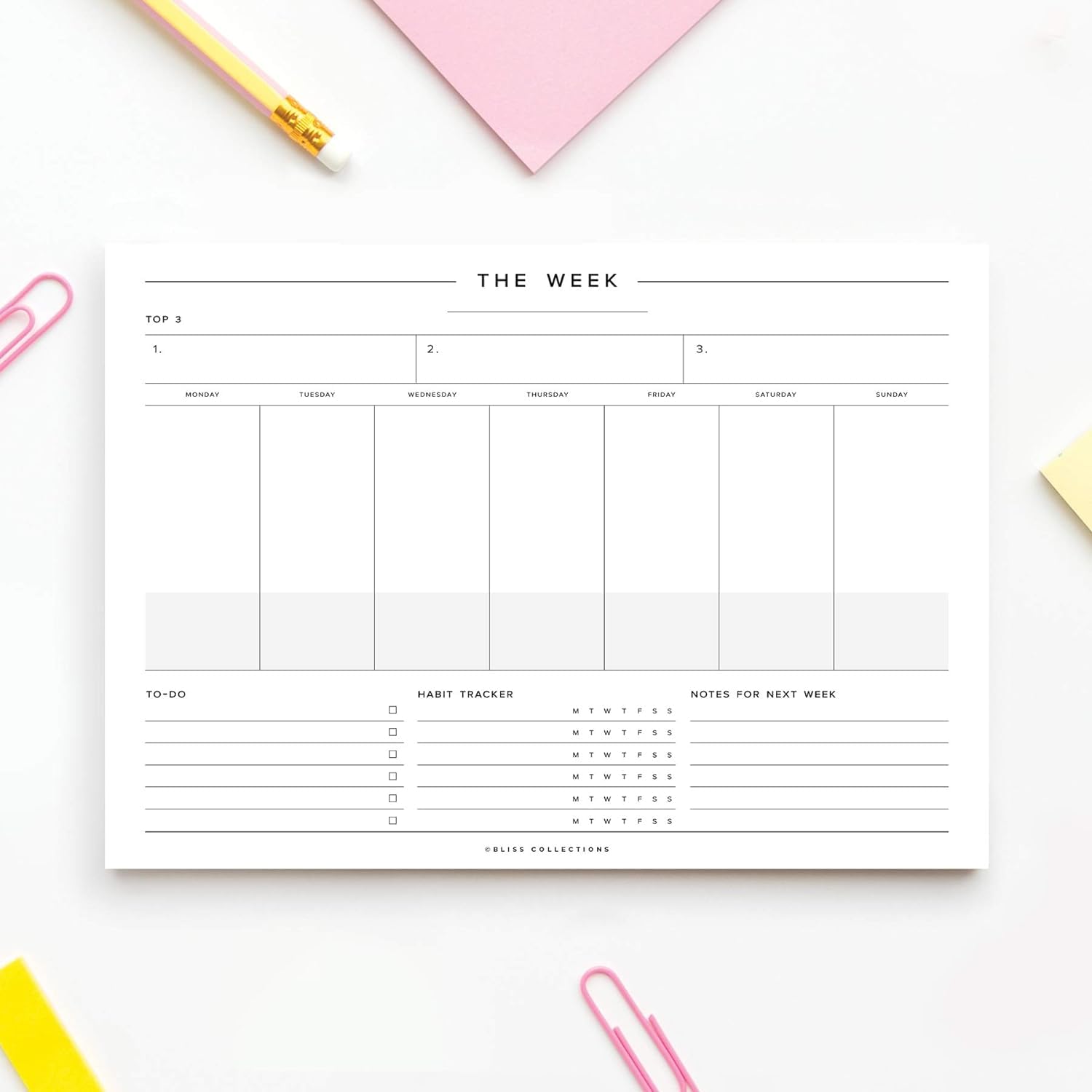 Bliss Collections Minimalist Weekly Planner Tear Off Pad, 50 Undated Sheets, Desk Notepad, Daily Calendar, Task Planner, to Do List, Habit Tracker, 210 x 297 mm