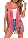 Dokotoo Womens Tassel Sleeveless Vest 70s Outfits for Women Hippie Western Cowgirl Shirt Blouses Faux Suede Fringe Jacket Cardigan Casual Comfy Spring Fashion 2024 Outfits Clothes Pink X-Large