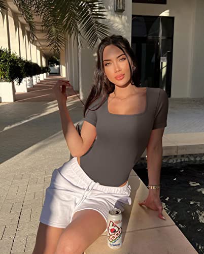 Image of OQQ Women's 2 Piece Bodysuits Sexy Ribbed One Piece Square Neck Short Sleeve Bodysuits
