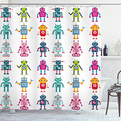 ABAKUHAUS Nursery Shower Curtain, Colorful Cartoon Style Robot Futuristic Funny Mascots Friendly Androids