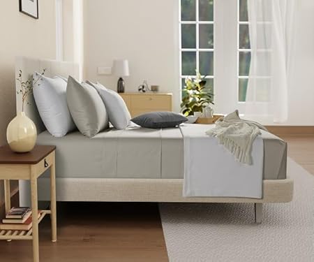 100% Organic Cotton XLTwin Sheets Set, 300TC Sateen Weave 3 PC Twin XL Bed Sheets, Fully Elasticated Sheet & Pillowcase Sets, Soft & Comfy No lint Machine Washable Fade Resistant- Silver