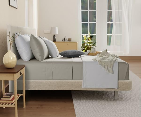 100% Organic Cotton XLTwin Sheets Set, 300TC Sateen Weave 3 PC Twin XL Bed Sheets, Fully Elasticated Sheet & Pillowcase Sets, Soft & Comfy No lint Machine Washable Fade Resistant- Silver