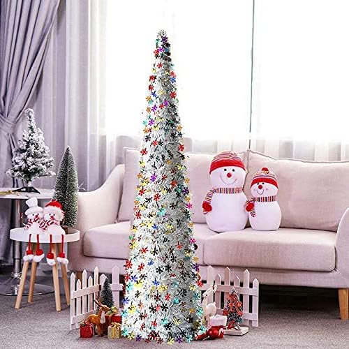 DOYOLLA White Christmas Tree 5ft, Pop Up Collapsible Artificial Tinsel Coastal Xmas Tree with Sparkle Snowflakes for Home & Party & Office & Fireplace Holiday Decorations