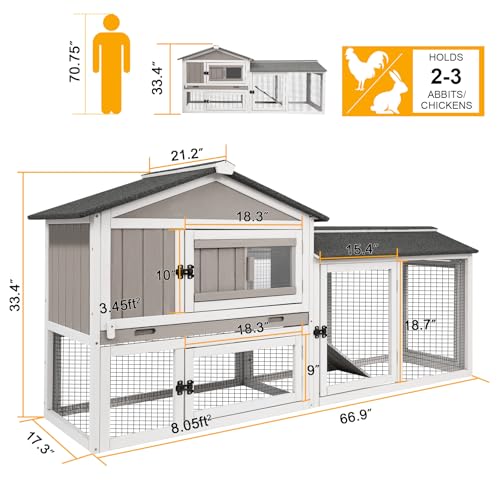 PetsCosset Bunny Cage Indoor Rabbit Hutch Outdoor Wooden Bunny House - 2 Floors 68.9\" Guinea Pig Cage with Weatherproof Roof,Leakproof Pull Out Tray,Ramp Grey - Thumbnail 5