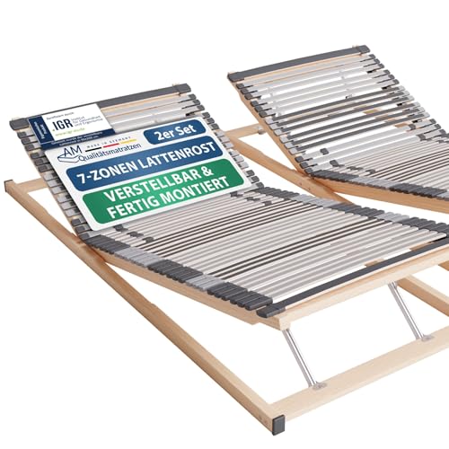 AM Qualitätsmatratzen 7 Zonen Lattenrost 90x200 2er Set verstellbar mit 44 Federleisten - Made in Germany - Verstellbarer Lattenrost 90x200 - Kopf und Fußteil - Holmabsenkung für Schulter und Becken