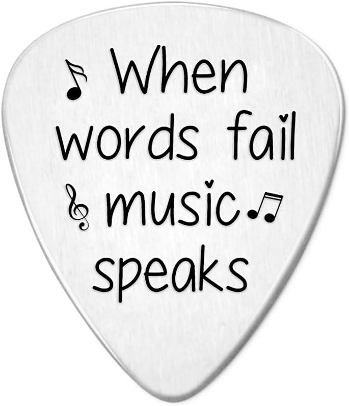 When Words Fail Music Speaks (with music symbols) Guitar Pick- Jewelry Gift for Musician Husband Boyfriend Fiance