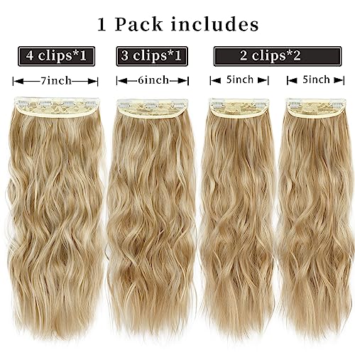 20 Inches Blonde Hair Extensions Clip in, Wavy Synthetic Clip in Hair Extension for Women and Girls (Dark Blonde with Bleach Blonde Highlights,4pcs)