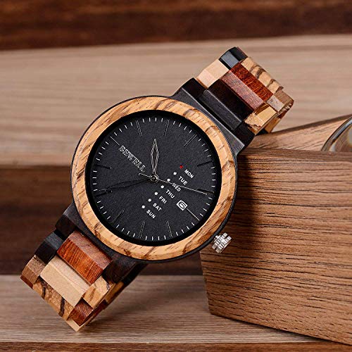Bewell Men Colorful Wood Watches Multifunction Week & Date Quartz Mix Wooden Watch Mens Lightweight #TOP2