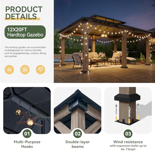 Image of Aoxun 12' x 20' Outdoor Wood Gazebo, Hardtop Gazebo Permanent Wooden Pavilion with Galvanized Steel Double Roof, for Patio, Garden, Yard, Cedar Wood, Grey