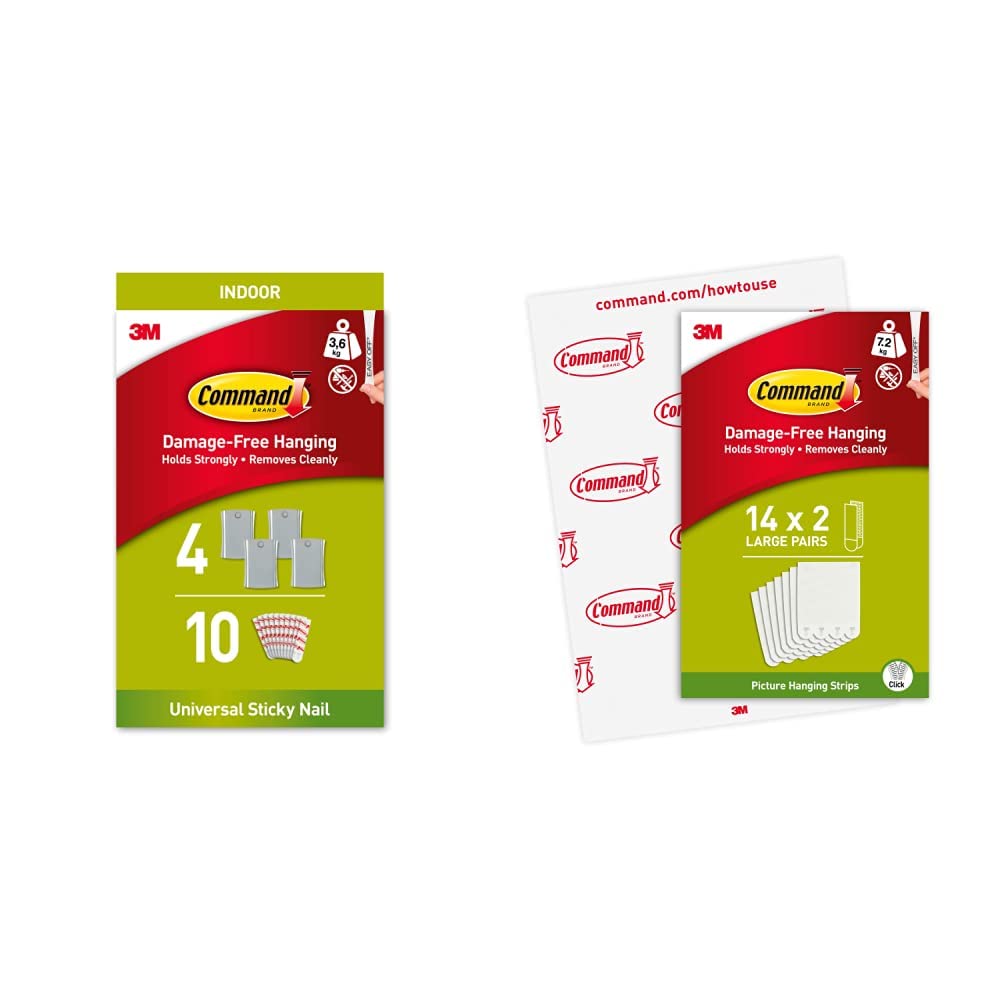 Command Jumbo Universal Sticky Nail, 4 Hooks 10 Adhesive Strips & Picture Hanging Strips, Value Pack - 14 x 2 Large Adhesive Strips - for Pictures, Frames, Mirrors, Wall décor - Damage Free Hanging