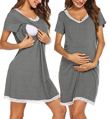 Ekouaer Maternity Nightgown for hospital Short Sleeve Breastfeeding Nightshirt Grey