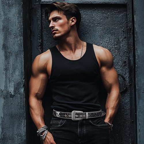 Bling Western Genuine Leather Belts for Men, Sparkly Rhinestone Cowboy Belt3