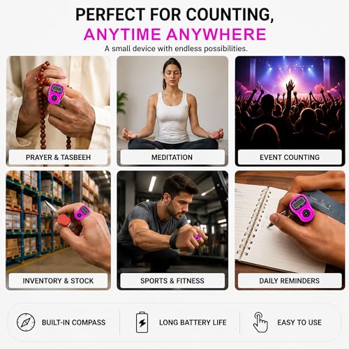 Image of GLUN Pack of 1 Digital Finger Tally Counter with Compass, 5-Digit LCD Display Click Counter Ring for Prayer, Tasbeeh, Stitch, Sports & Counting Activities