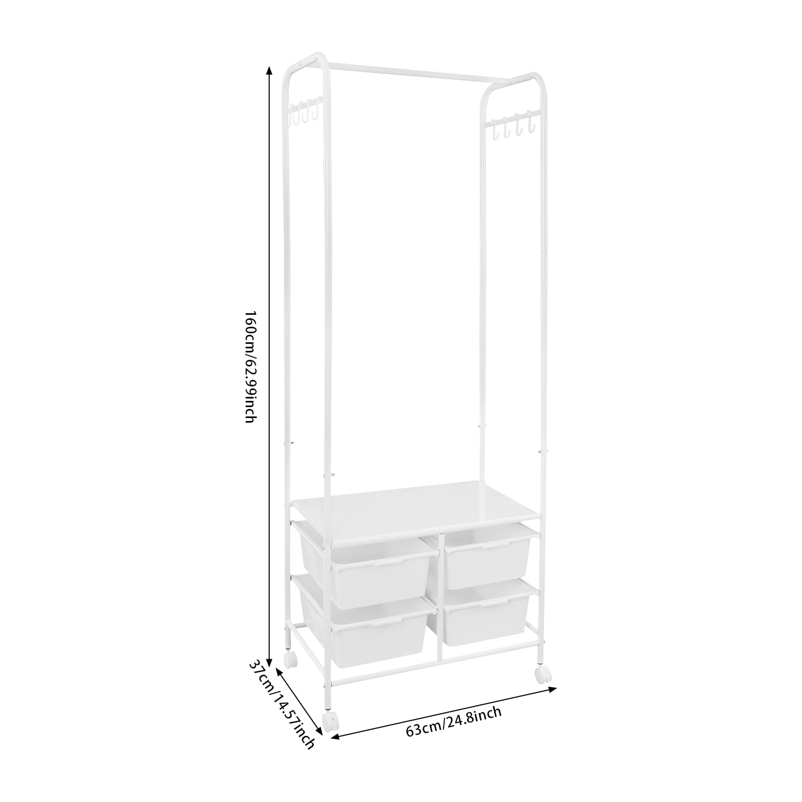 Garderobenständer, Rollbarer Kleiderständer Metall Kleiderbügel mit 4 Aufbewahrungsboxen & 8 Haken Kleiderhalterungsständer Garderobe für Schlafzimmern, Waschküchen 63x37x160 cm