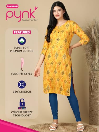 Image of Lux Cozi PYNK Solid Premium Cotton Lycra Churidar Leggings for Women | Regular Fit Elastic Waist Full Length Women Leggings | Free Size
