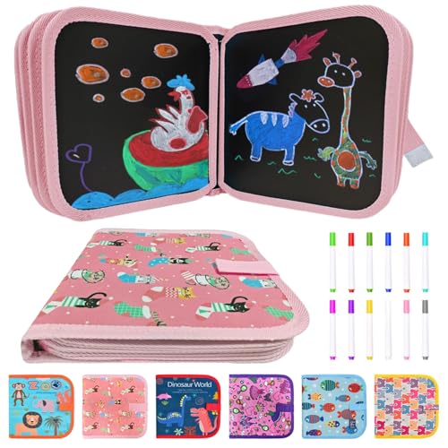 Funkprofi Libro da colorare cancellabile per bambini, libro da colorare portatile per bambini 14 pagine tavolo da disegno riutilizzabile con 12 matite colorate