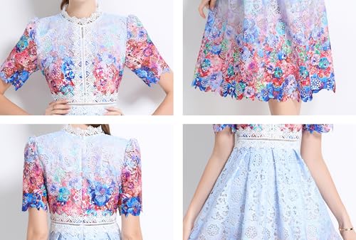 Image of LAI MENG FIVE CATS Women's Lace Floral Short Sleeve Crochet Waist Cocktail Midi Dress