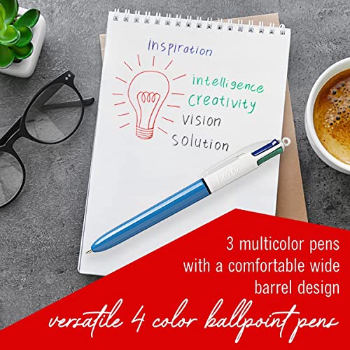 Bic 4 Color Pen, Ballpoint Multi Color Pen Medium Point (1.0Mm) 4 Colors In 1 Set - Multicolor Pen 3 Count Pens Includes 2 Pen Lanyard For Writing, Journaling, Organizing #TOP3