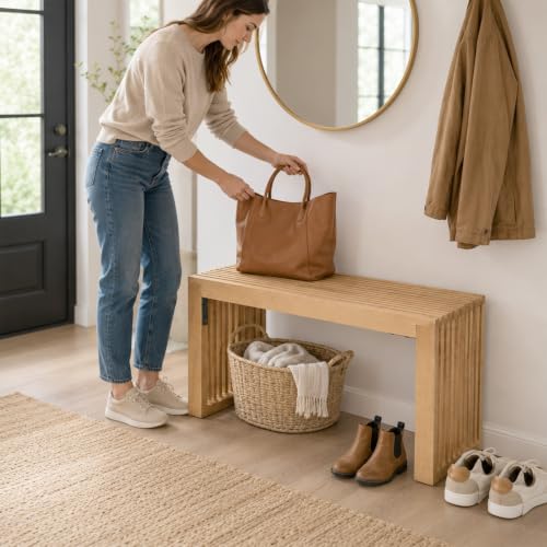 Image of SwallowLiving Solid Wood Entryway Bench 30 inch Farmhouse Dining Room Slatted