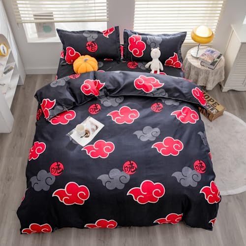TELUSHEN Anime Duvet Cover Set Cartoon Bedding Set for Boys Kids Girls,4 Piece Microfiber Soft Comforter Cover with 1 Duvet Cover 1 Flat Sheet and 2 Pillow Shams, Black 71x87inch (Full)