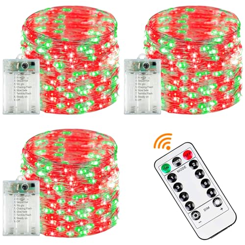 Image of 3 Pack Christmas Fairy Lights Battery Operated with Remote Red and Green | Each 80LED 26FT, 8 Modes, Timer, Waterproof & Cuttable Wire, Christmas String Lights Twinkle for Holiday Party Room DIY Decor