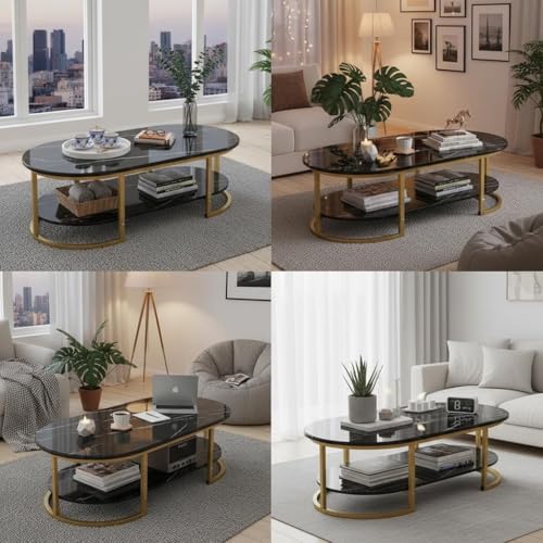 Image of Shoppee Modern 2-Tier Center Table with Engineered Wooden Top & Gold Metal Frame, Cocktail Sofa Table Living Room, Elegant Coffee Table - for Home, Office, Dining (Black & Gold)