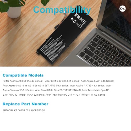 Image of ASUNCELL AP20CBL Laptop Battery Replacement for Acer Aspire 5 A515-45 A515-46 A515-45G Aspire 7 A715-43G Swift 3 SF314-43 SF314-511 Vero AV15-51 TravelMate Spin B3 B311RNA-32