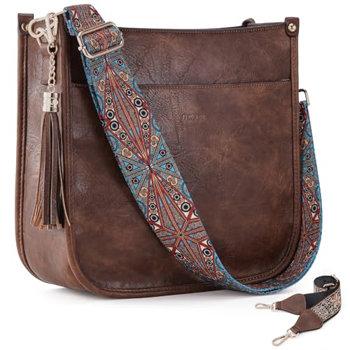 HKCLUF Vegan Leather Crossbody Bags Purse for Women Trendy Tassel Hobo Handbag Women With 2PCS Adjustable Guitar Strap