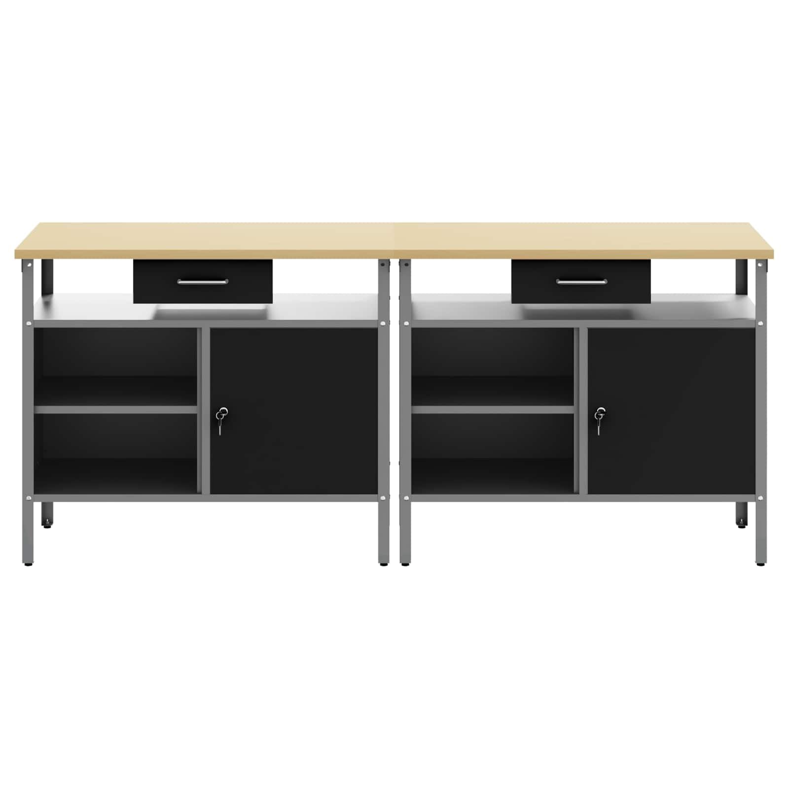 Juego de banco de trabajo de acero con cajones, 2 unidades, color negro, 200 x 55 x 85 cm, con revestimiento de polvo, banco de taller de metal, estilo industrial