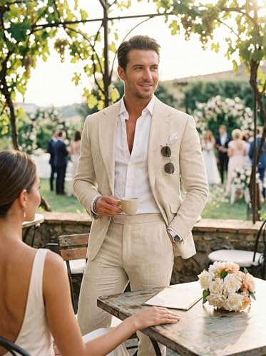 Image of Men's Linen Suit 2 Piece Slim Fit Summer Beach Wedding Prom Party | Breathable,Linen Blazer Suit Set,for Beach Weddings,Groom Wear,Prom and Outdoor Parties,Business Casual,Vacation Daily Wear