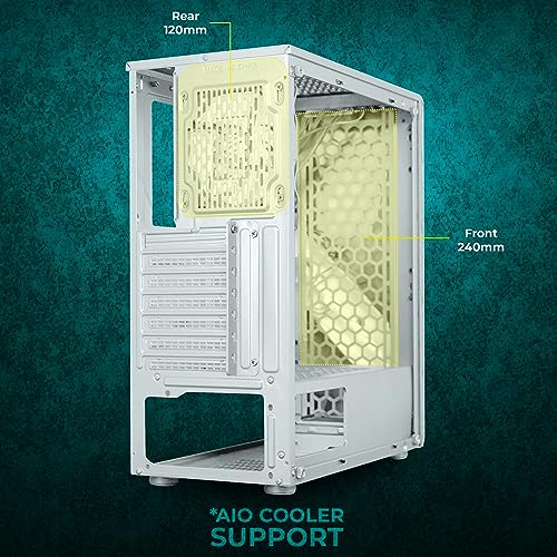 Image of ZEBRONICS Atomic Mid-Tower Premium Gaming Cabinet, ATX /M-ATX /M-ITX, 1 x 120 mm RGB Inner Glow Rear Fan, LED Strip with Control Switch, Tempered Glass Side Panel, USB 3.0, USB 2.0 (White)