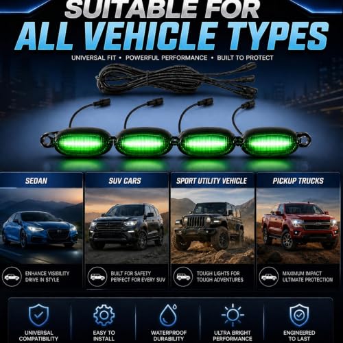Image of Car Front Grill Set of 4 Pcs Universal Smoked Shell Style DRL Emergency Warning Off-Roading Lights (4 X 4) for All Cars, Vans, SUV, Trucks (Green)