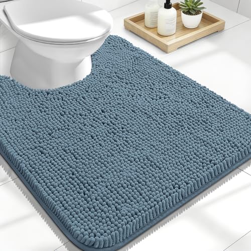 Image of OLANLY Toilet Rugs U-Shaped 24x20, Extra Soft Absorbent Chenille Contour Bathroom Rugs for Toilet, Dry Quickly, Machine Washable, Non-Slip Bath Mat, Airy Blue