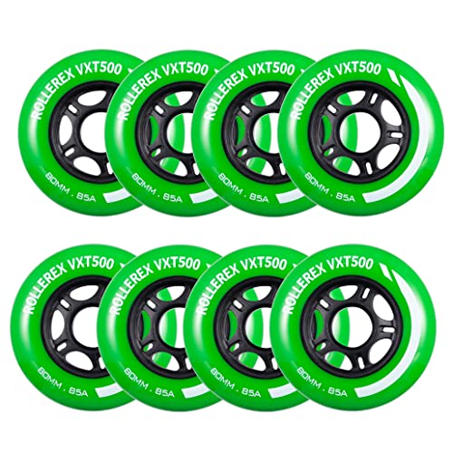 Rollerex VXT500 Inline Skate Wheels 8-Pack - 85A Durable Roller Blade Wheels for Indoor & Outdoor Skating - Fits Standard 608 Bearings (Turf Green, 80mm)