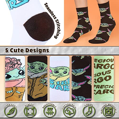 Image of Disney Stitch Socks Gifts for Women Teens, US Size 4-9, Baby Yoda Pack of 5 Fuzzy Casual Crew Socks for Home Sleep Winter
