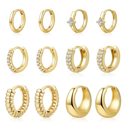 ALLHOLA 6 Pairs 14K Gold Plated Hoop Earrings for Women Hypoallergenic Small Huggie Hoops Earring Set for Sensitive Ears Non Tarnish Trendy Chunky Gold/Silver Earrings Cartilage Stacks for Multiple Piercing Jewelry Lightweight (Gold hoops CZ pack)