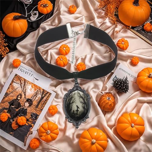PINK TOWN Gothic Velvet Raven Cross Glass Pendant Necklace,Vintage Victorian Bat Choker Necklace Goth Rope Chain Crow Choker Mystic Witch Halloween Jewelry Gift Accessories4