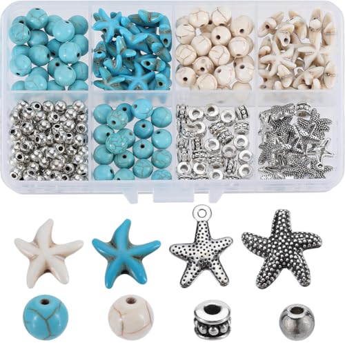 SUNNYCLUE 1 Box 250Pcs Ocean Bead Kit Starfish Beads Lucky Turquoise Bead Sea Star Beads Starfish Charms Round Stone Bead Hawaii Summer Spcaer Beads for jewellery Making Kits Women Adults Supplies