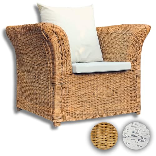 Mamba Muebles Sillones Mimbre de Ratán Natural 100%, Muebles Jardín Exterior Resistentes al Clima y Rayos UV, Butaca Mimbre 1 Persona, Incluye Cojines Impermeables (Kasemasema)