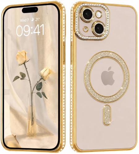 Image of DIZORO Compatible with (iPhone 13 / iPhone 14 Case) Clear Luxury Diamond Glitter Case |Camera Lens Protector with Glitter Ring | Premium Shockproof Glossy Shiny Back Cover Case for Girls Women -Gold
