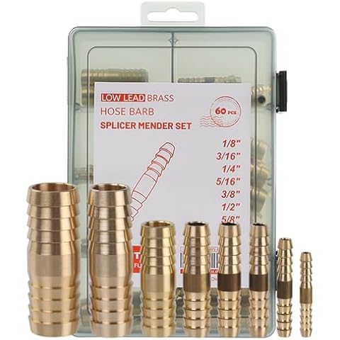 LTWFITTING Assortment Kit Hose ID 1/8, 3/16, 1/4, 5/16, 3/8, 1/2, 5/8, 3/4-Inch Brass Barb Splicer Mender Set (Pack of 60) Cover