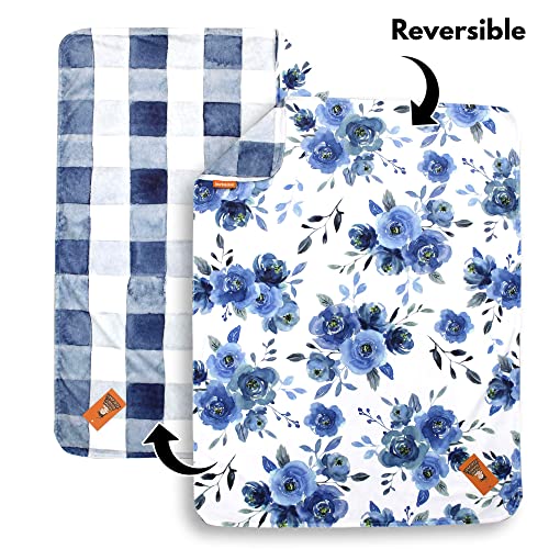 Image of Dear Baby Gear Floral Deluxe Baby Blanket - Reversible, Milestone & Newborn Gifts for Girls and Boys - Blue Watercolor Roses, Blue Watercolor Plaid, 40 x 30 Inches