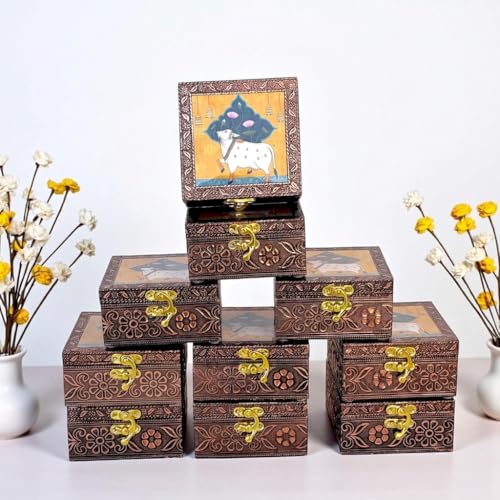 Image of Kamdhenu Wooden Jewellery Box | Handcrafted Decorative Storage Organizer | Traditional, Multipurpose Keepsake Box for Rings, Earrings & Small Accessories | Yellow, Pack of 10