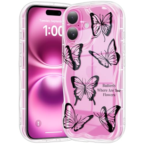 Coque iPhone 16 anti-chute à motif papillon et bords vagues