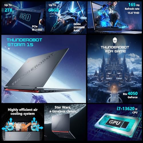 Image of Thunderobot Storm 15 4050 Gaming Laptop, Intel Core i7-13620H, GeForce RTX 4050, 15.6 inch FHD 165Hz Display, 16GB RAM, 512GB SSD, Backlit Keyboard, HDMI, Wi-Fi, Win 11 Home, Black
