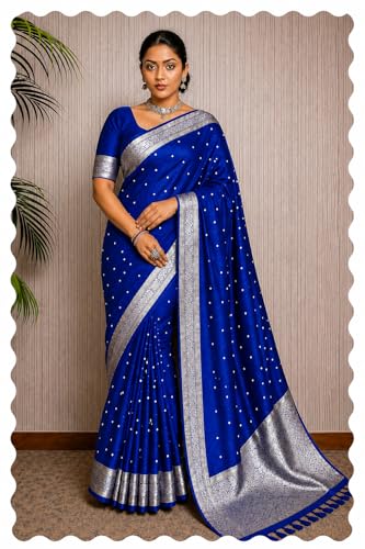 Image of Women's Glory Kanjivaram Banarasi Silk Saree with Polka Dot Embroidery Blend Woven Zari with Jacquard Woven Unstitched Blouse Piece.