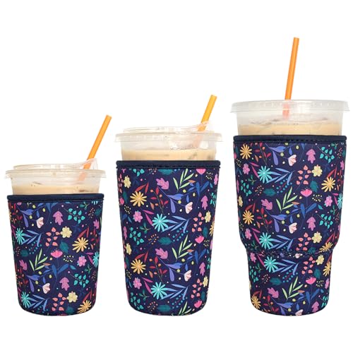Image of 3 Pack Reusable Iced Coffee Sleeves - Xumbtvs Insulator Sleeve for Cold Beverages, Neoprene Coffee Cup Holder (Flower)