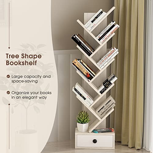 Officejoy 10-Tier Tree Bookshelf, Floor Standing Bookshelf With Drawer, Small Bookcase For Cds, Books, Magazines,Utility Organizer Shelves For Living Room, Study, Bedroom, Office, School, Beige #TOP4